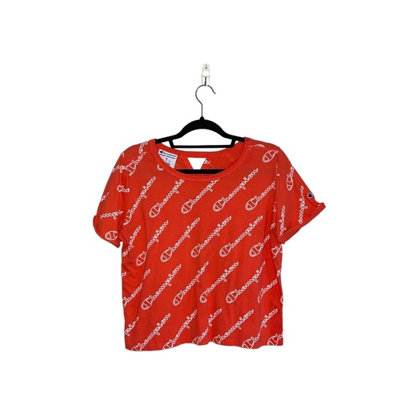 Champion Peach & White Logo Short Sleeve Graphic Cropped Tee Medium Women’s - Picture 1 of 11